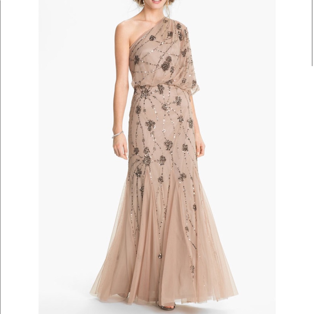 Nude adrianna papell off the shoulder beaded gown